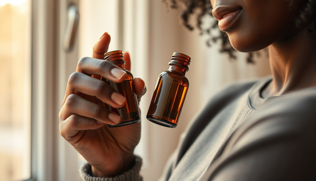 Black woman massaging natural hair growth oil into her edges near a window