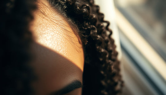 Close-up of a Black woman's thinning temple hairline showing traction alopecia from extensions