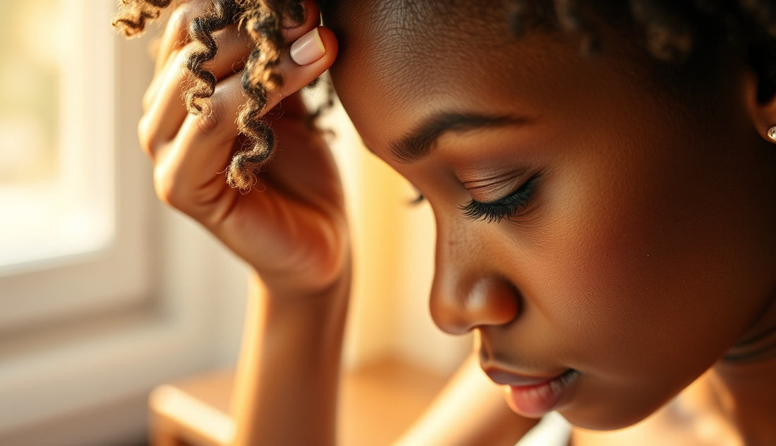 Black woman applying oil to thinning hairline edges in warm morning light