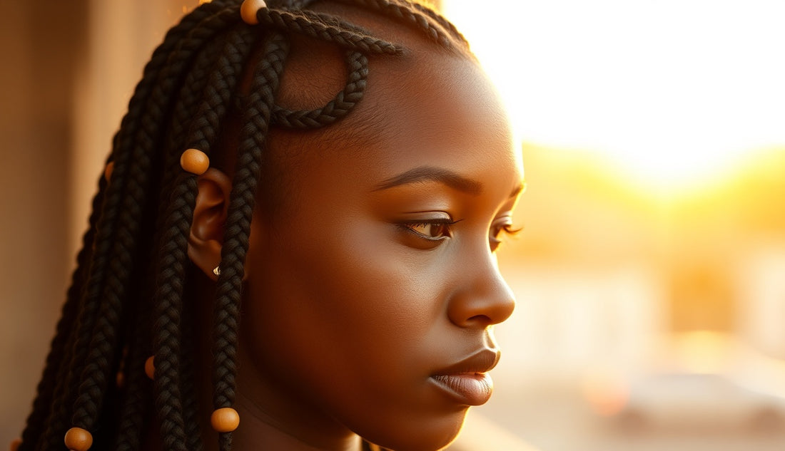 Black woman with large tribal braids and beads, natural edges visible at temples