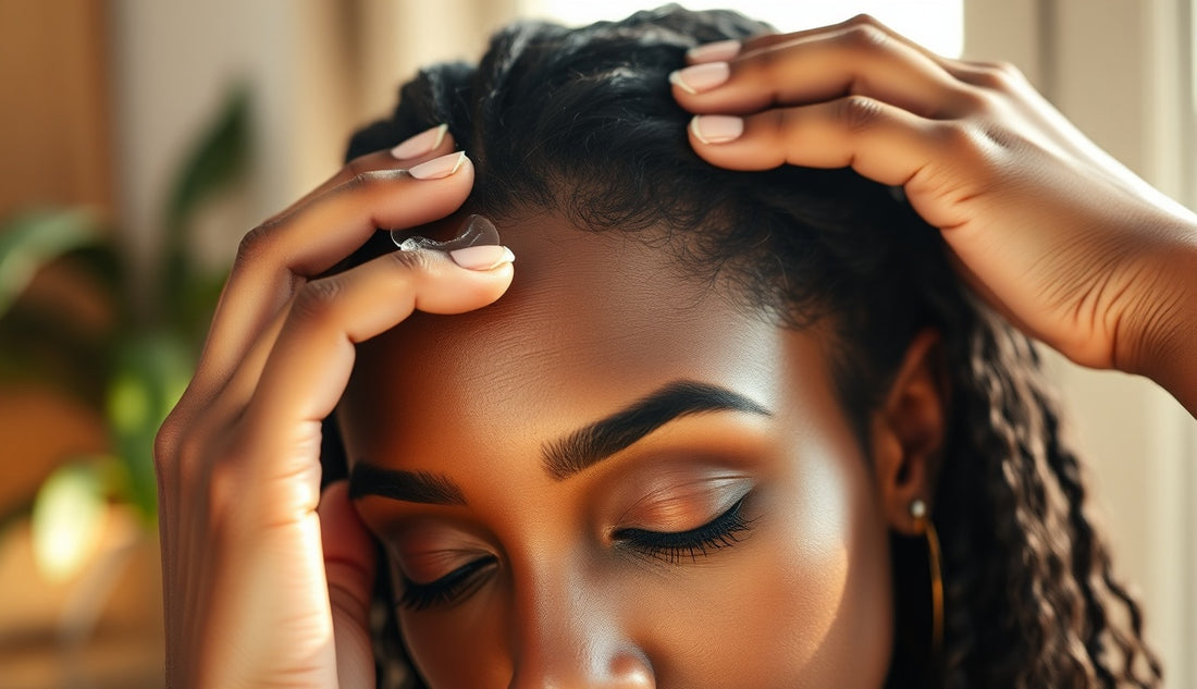 Woman applying lightweight oil to her thinning edges at the hairline