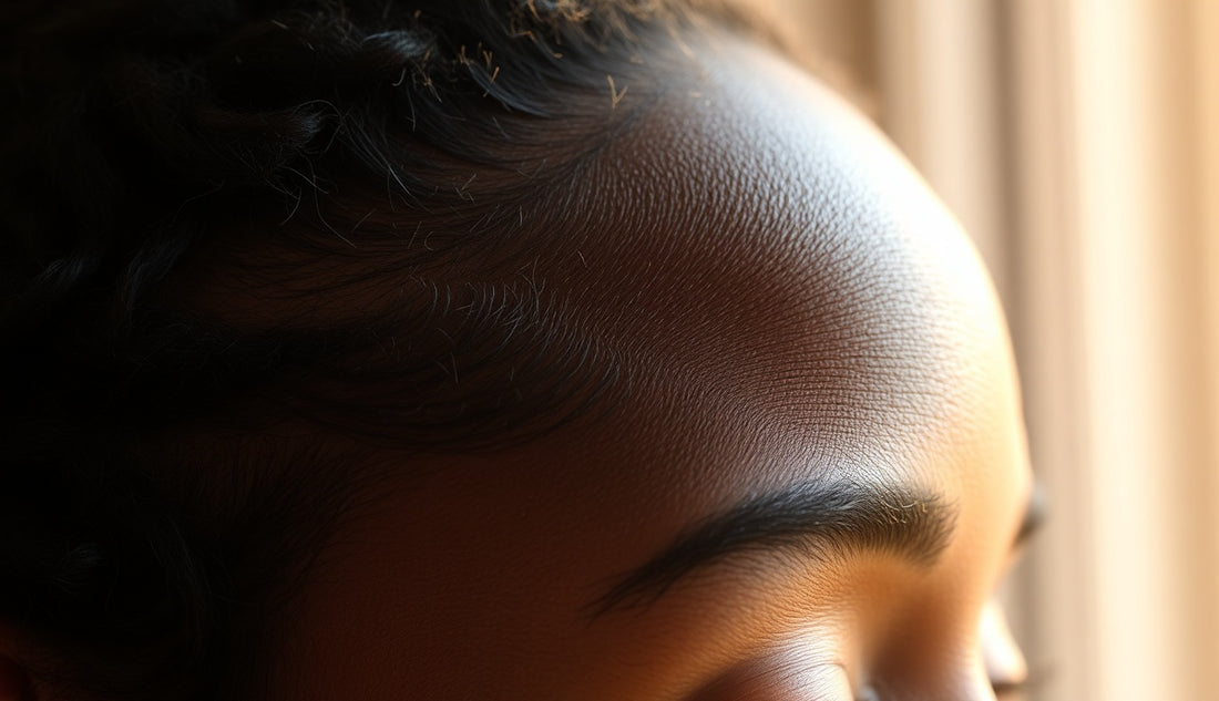 Close-up of a Black woman's temple hairline showing traction alopecia thinning