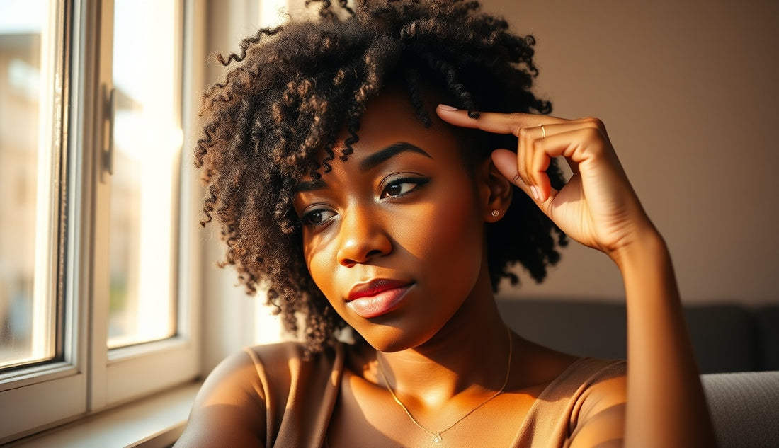 Black woman gently parting natural textured hair near a sunlit window