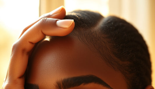 Close-up of a Black woman gently touching her thinning temporal hairline