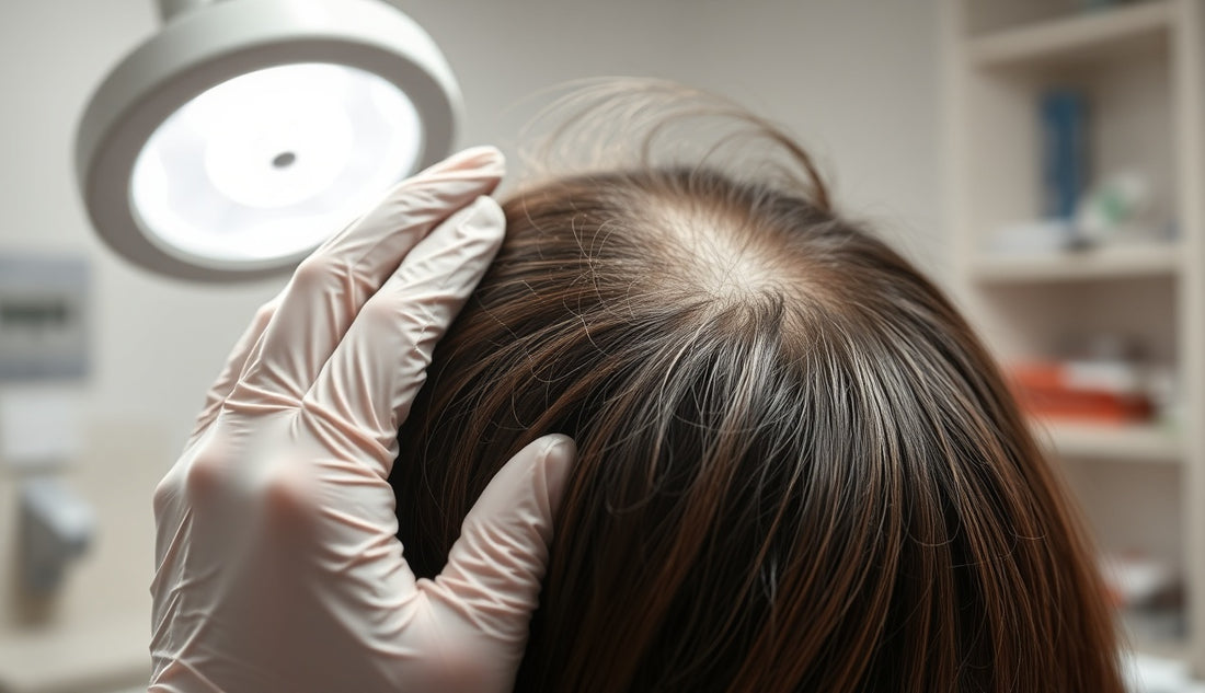 Dermatologist examining thinning edges on a patient's scalp in a clinic