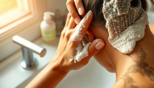Woman massaging natural shampoo into textured hair at a bathroom sink