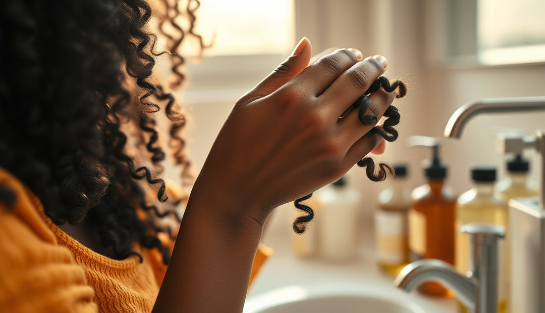 Black woman detangling coily hair at home to prevent breakage