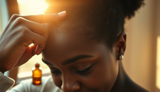 Black woman examining thinning temple edges while holding a small oil bottle