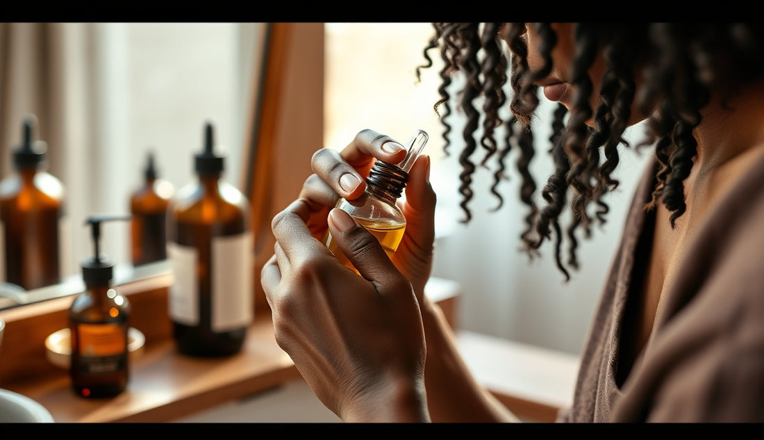 Woman applying hair serum to natural coiled hair at a sunlit vanity