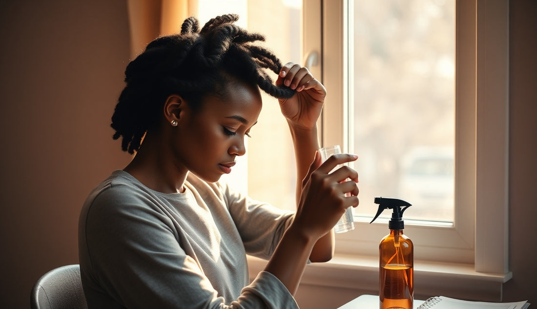 Black woman installing two-strand twists on natural hair near a sunny window