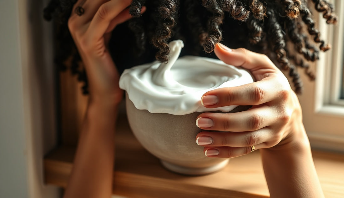 Woman applying thick hair mask to coily natural hair in bathroom morning light