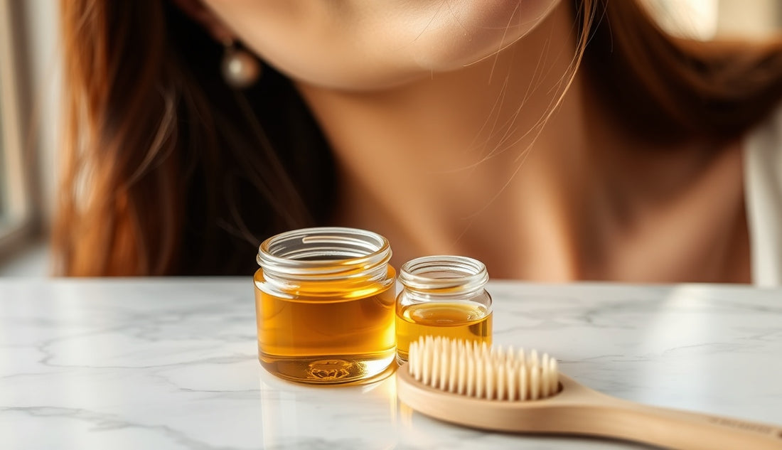 Golden argan oil in a glass jar beside an edge brush on marble
