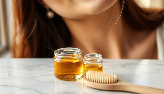 Golden argan oil in a glass jar beside an edge brush on marble