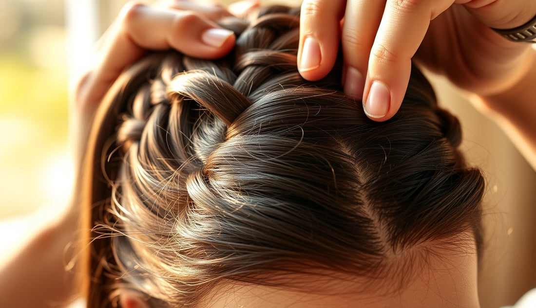 Close-up of a woman's hairline being carefully braided to protect edges