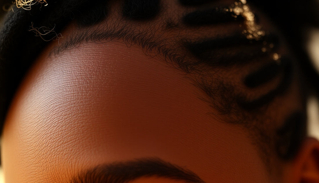 Black woman's thinning temple hairline next to small locs in morning light
