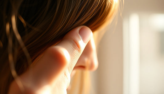 Soft bristle brush being held gently against a woman's thinning hairline