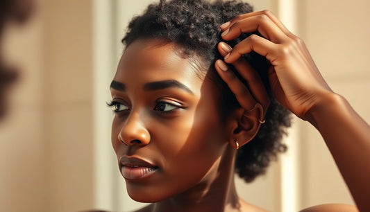 Black woman examining thinning edges at temple in natural morning light
