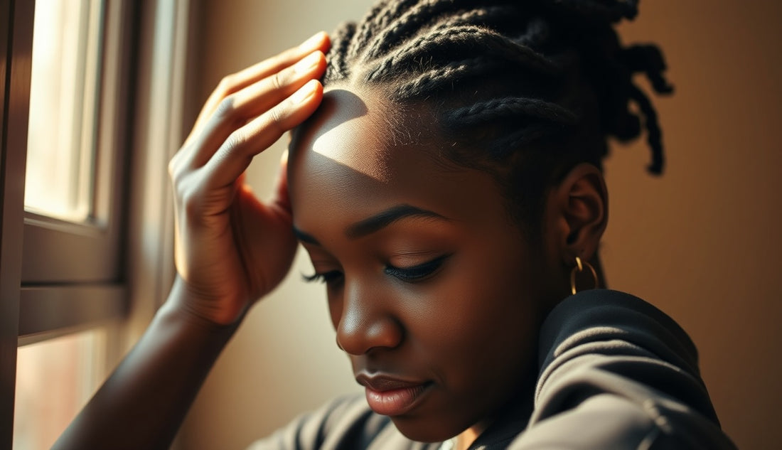 Black woman examining thinning edges along her temple hairline