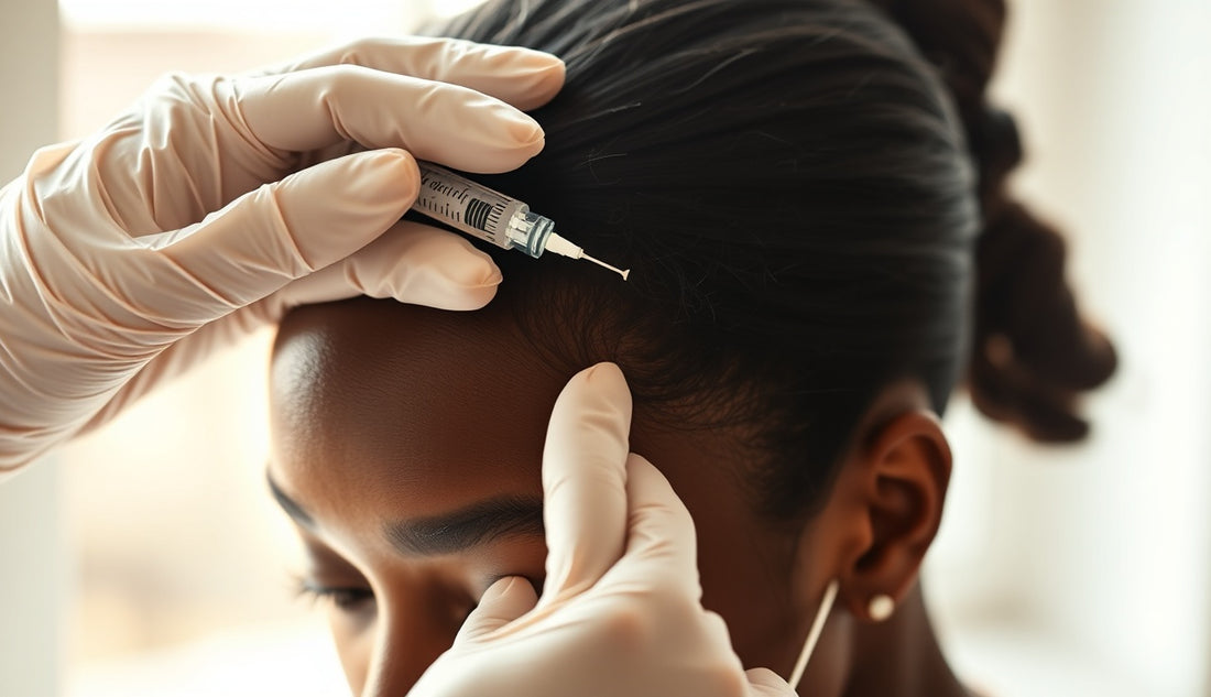 Dermatologist administering PRP scalp injection near a woman's thinning hairline