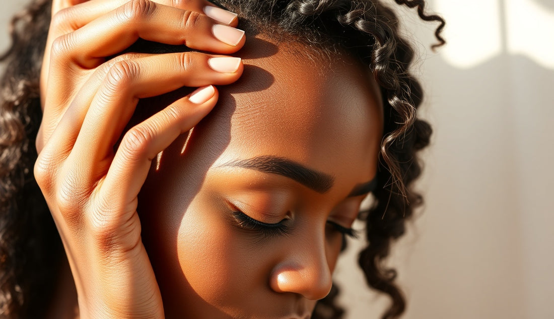 Black woman massaging thinning edges at her temple in soft morning light