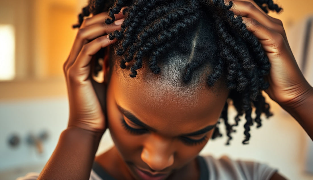 Black woman examining her hairline and edges in morning light