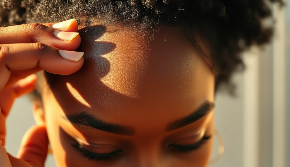Black woman examining thinning front hairline and edges in natural window light