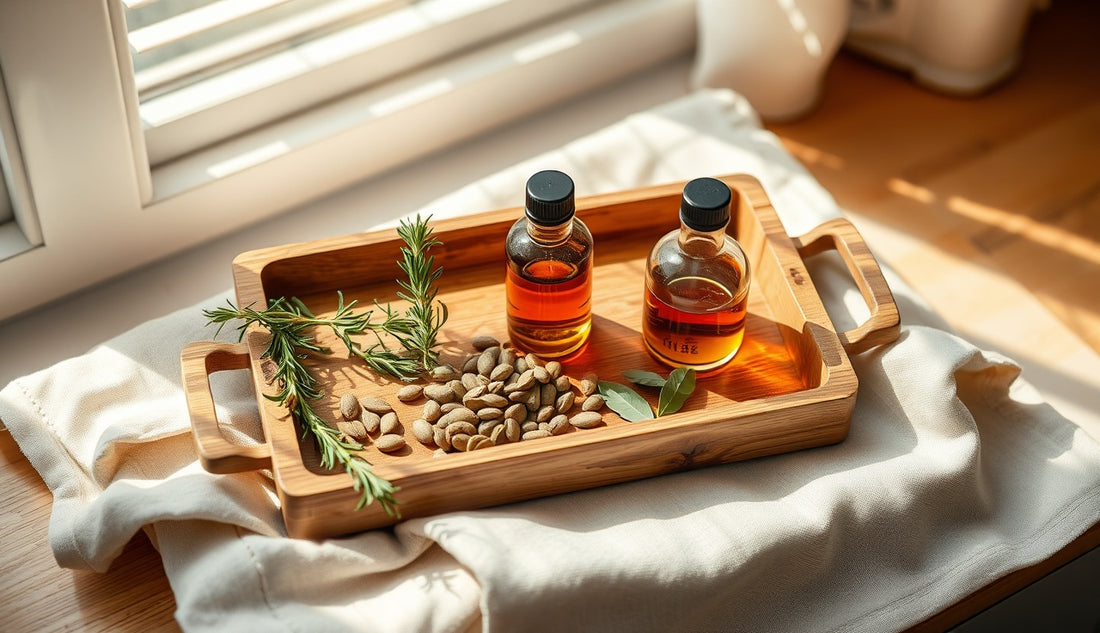 Natural hair growth ingredients including rosemary oil and pumpkin seeds on a wooden tray