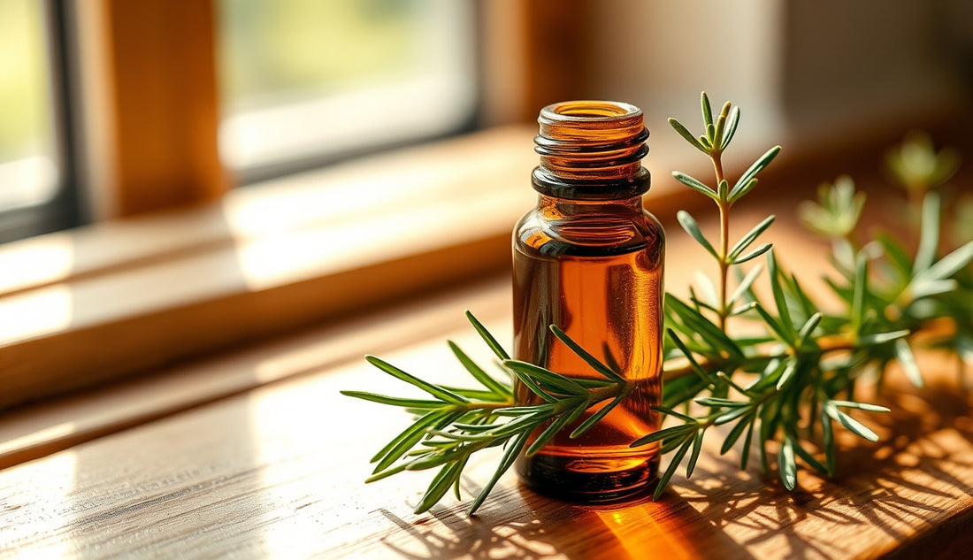 Amber bottle of rosemary oil beside fresh rosemary sprigs on wood