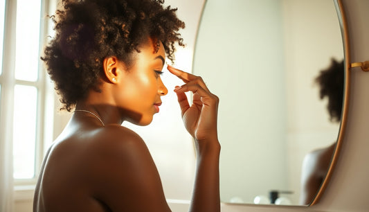 Black woman examining thinning temple hairline in sunlit bathroom mirror