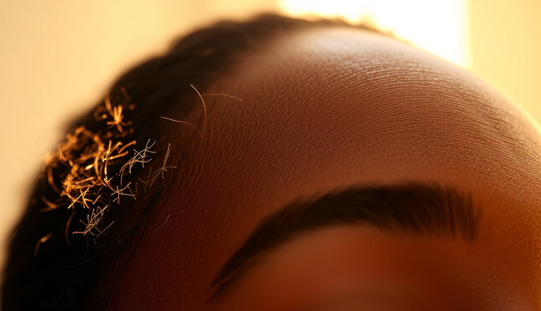 Close-up of a Black woman's hairline with fine regrowth along thinning edges