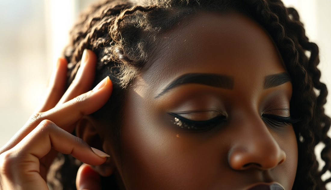 Black woman touching thinning hairline edges in soft natural light