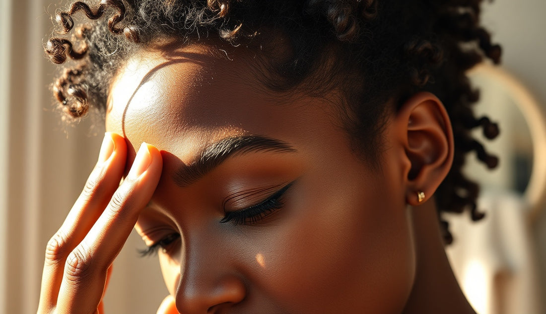 Black woman examining her thinning hairline edges in morning light