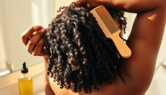 Black woman detangling textured coily hair with wide-tooth comb to prevent breakage