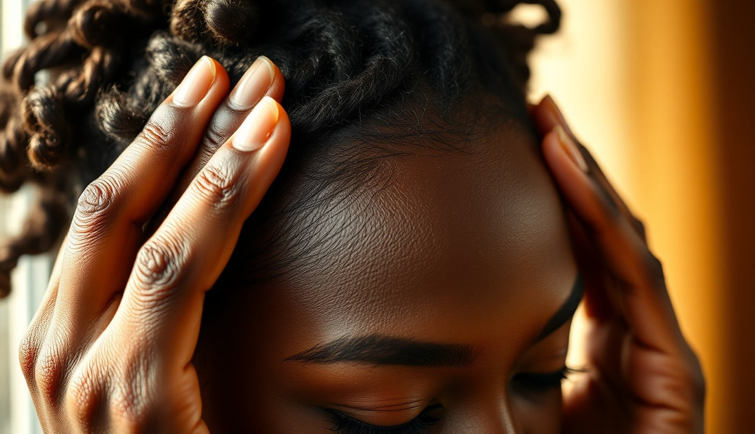 Woman massaging oil into thinning hairline edges in morning light