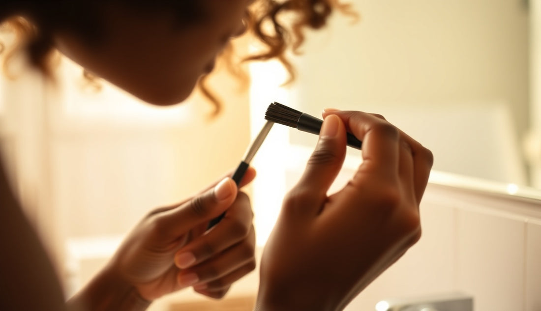 Black woman using a soft brush to lay natural hair edges at the hairline