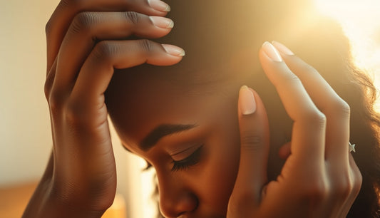 Black woman applying oil to thin edges at her hairline in soft morning light