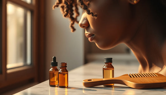 Black woman's natural hairline with hair oils and comb on marble surface