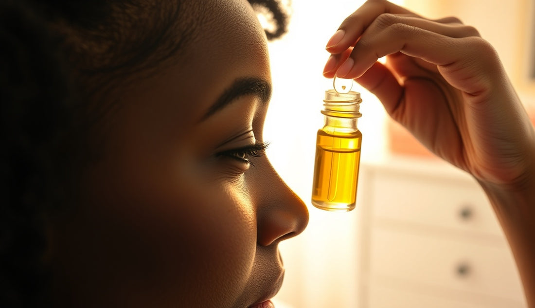 Black woman applying edge growth oil to her thinning hairline in morning light