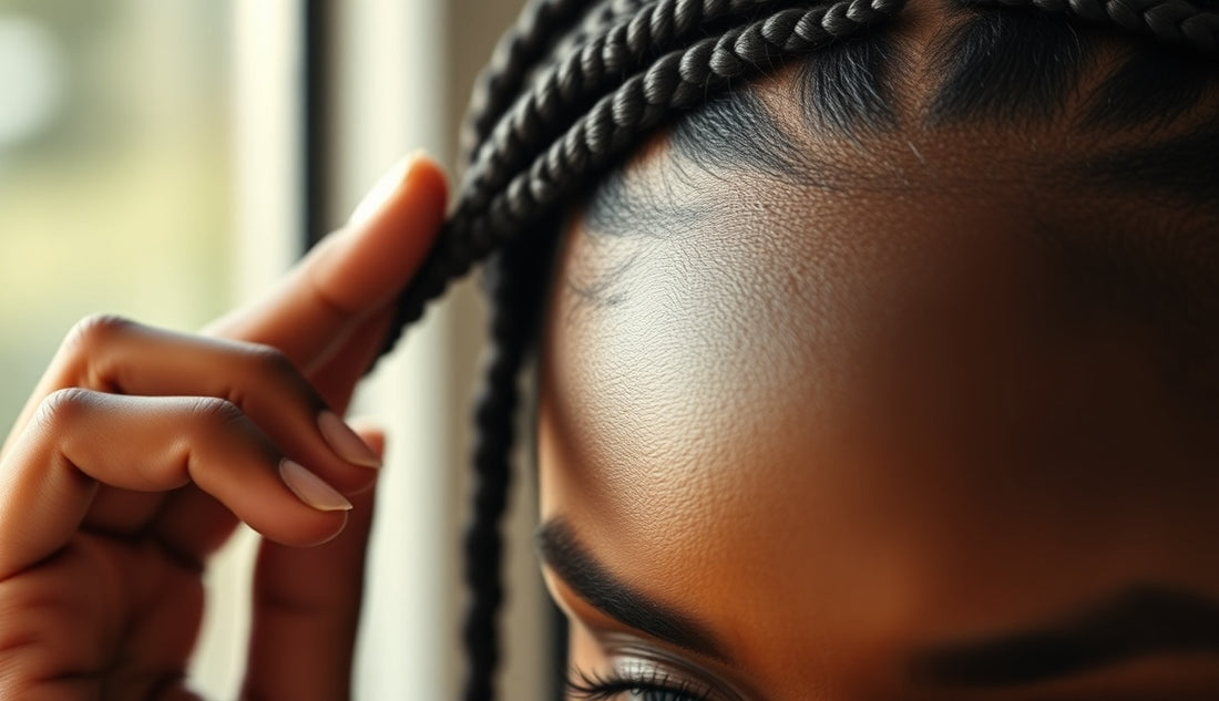 Black woman with knotless braids showing healthy edges left free at hairline