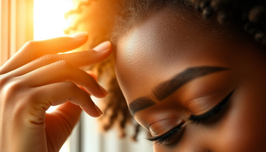 Black woman gently touching thinning edges showing postpartum hair regrowth