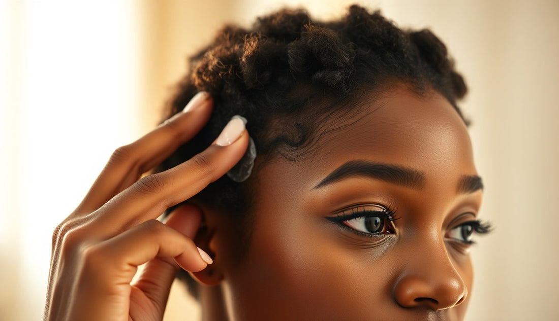 Black woman applying minoxidil foam to thinning edges at her hairline