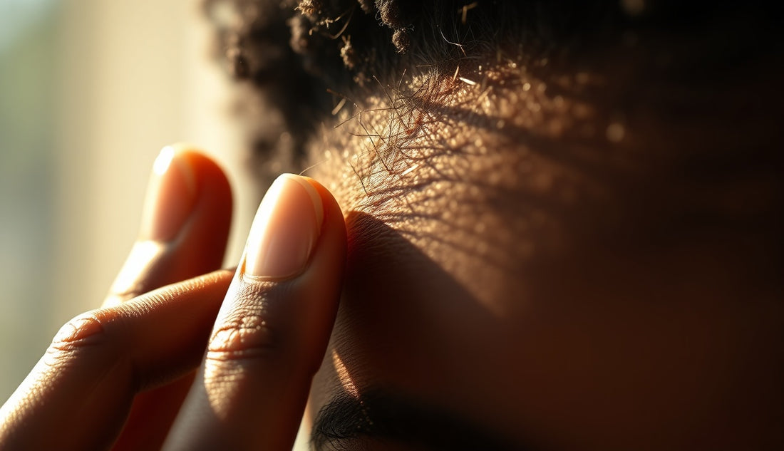 Black woman gently touching her thinning temple edges in warm morning light