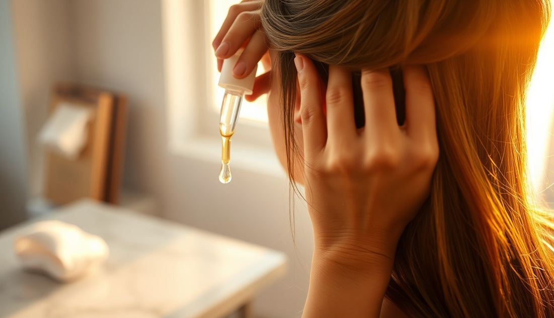 Woman applying scalp exfoliant serum along thinning hairline edges