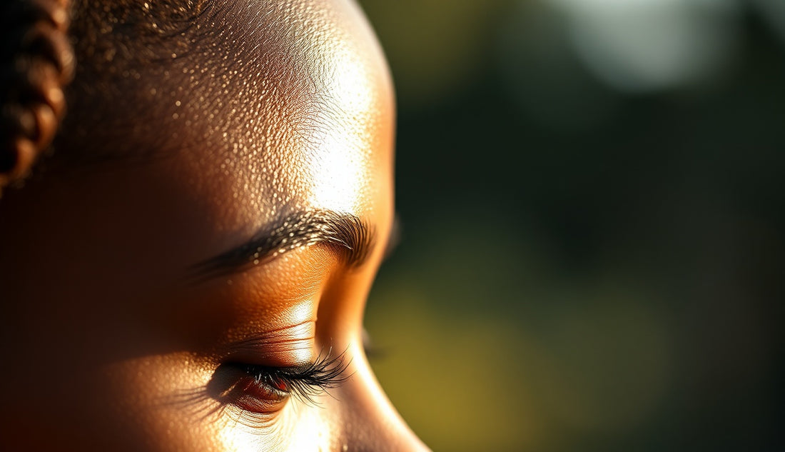 Close-up of a Black woman's 4c hair edges at her temple in natural light