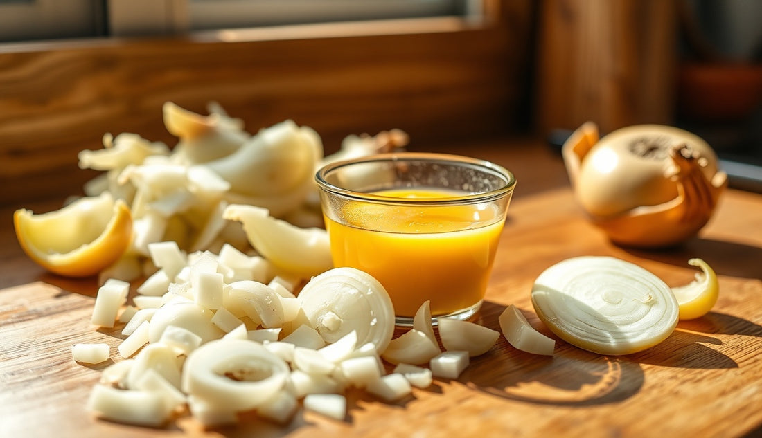 Fresh yellow onions and a glass bowl of onion juice for hair regrowth on a wooden counter