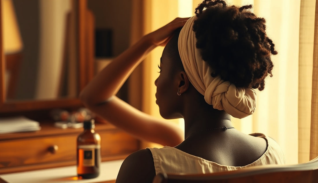 Black woman setting a loose pineapple hairstyle at a vanity before bedtime