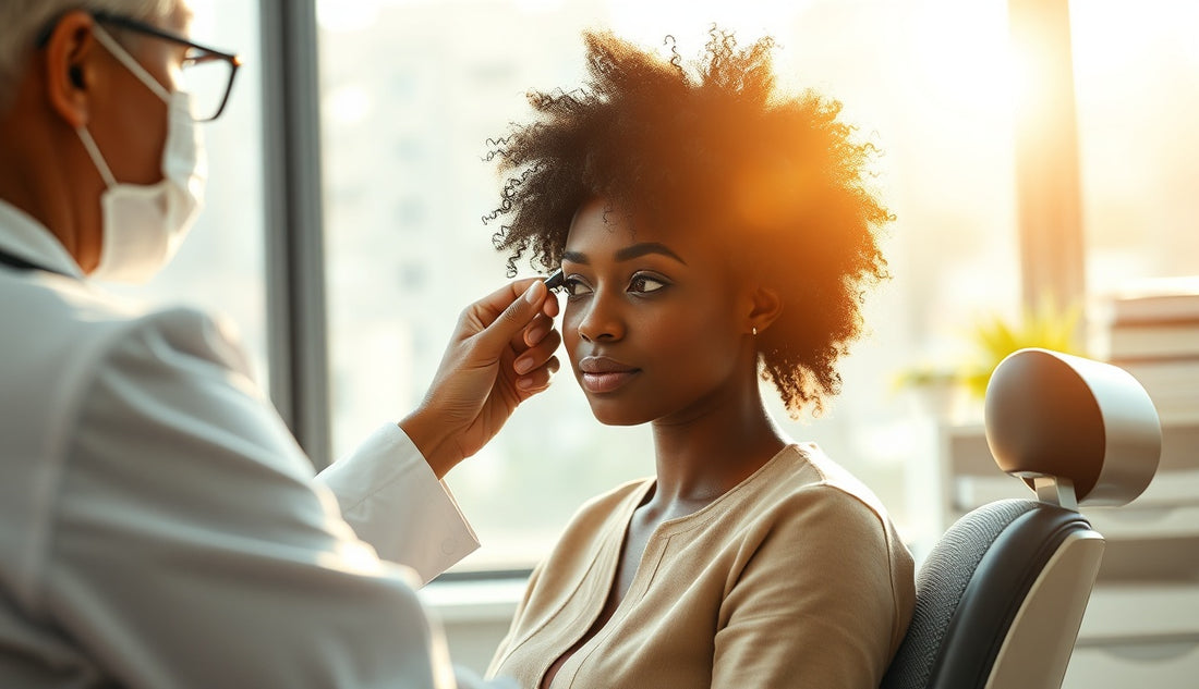 Black woman having her thinning hairline examined by a dermatologist with a dermatoscope
