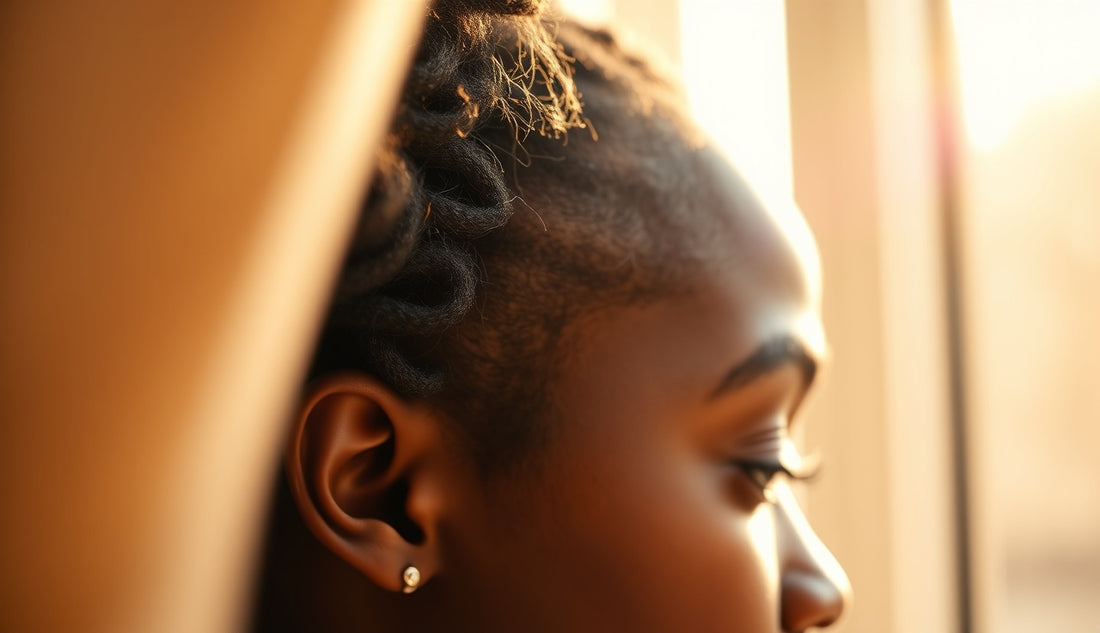Black woman's thinning temple hairline in natural morning light