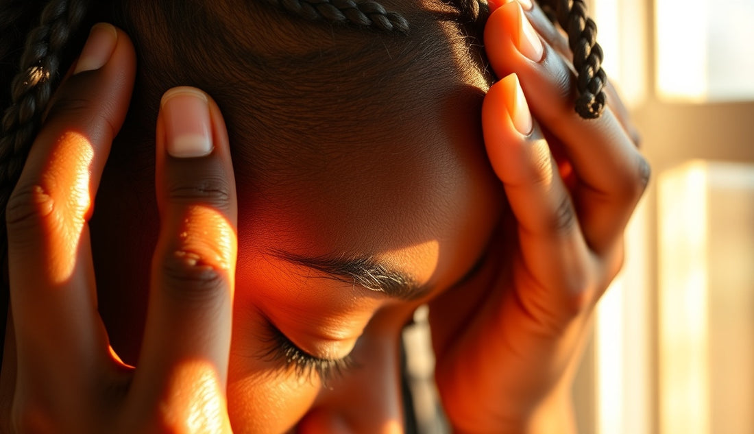 Black woman carefully parting box braids to inspect thinning edges at her hairline