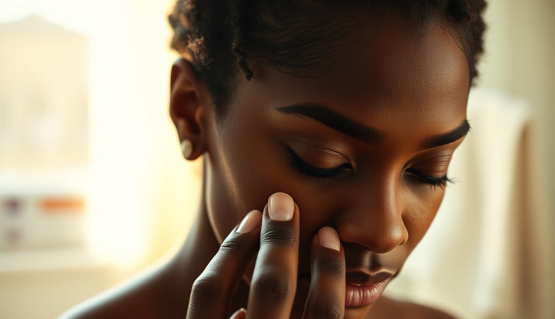 Black woman gently touching thinning edges at her temple in soft morning light